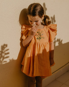 Peach Linen Flutter Sleeve Tie Back Blouse with "Bouquet 2" Embroidery