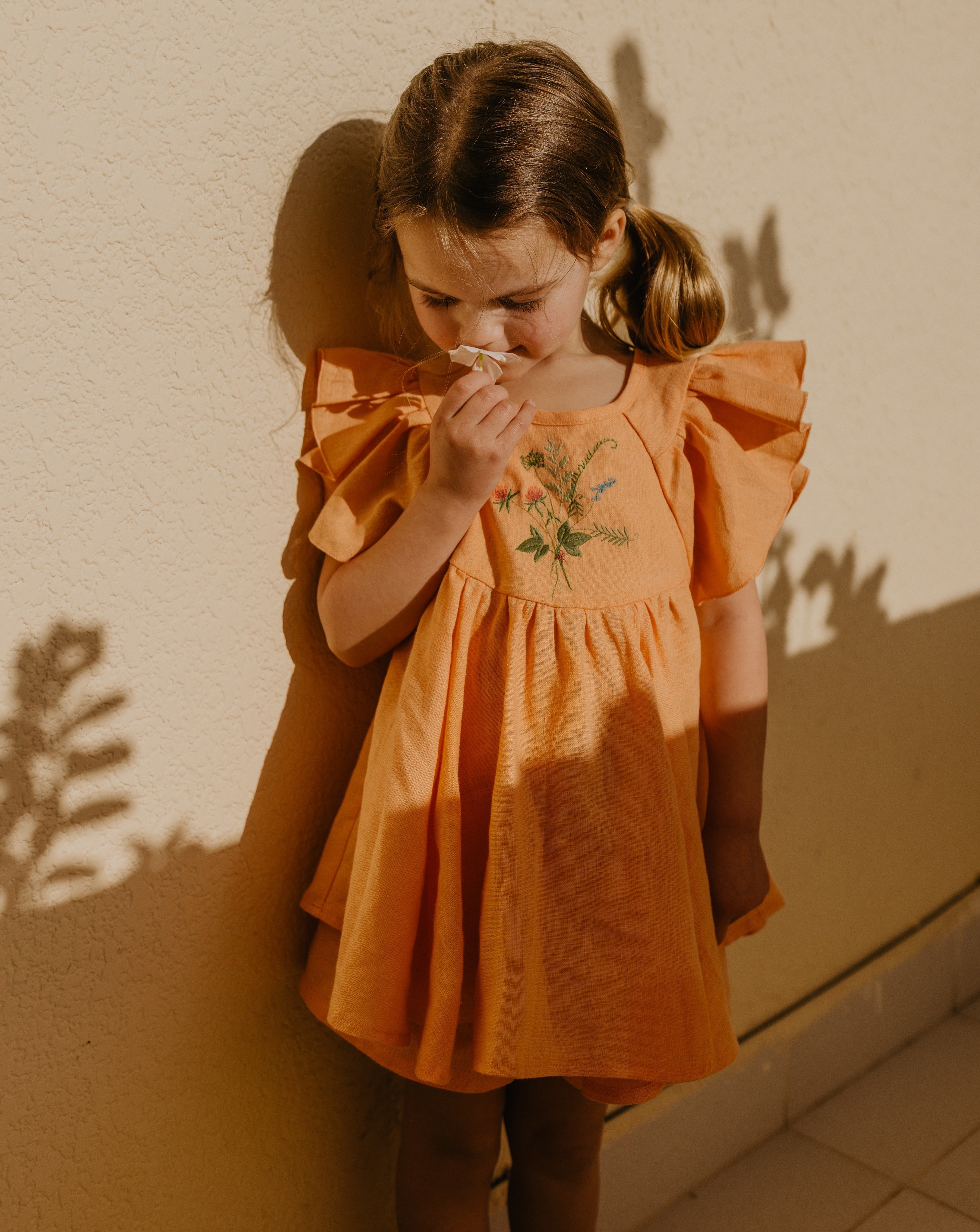 Clay Linen Flutter Sleeve Tie Back Blouse with "Bouquet 1" Embroidery