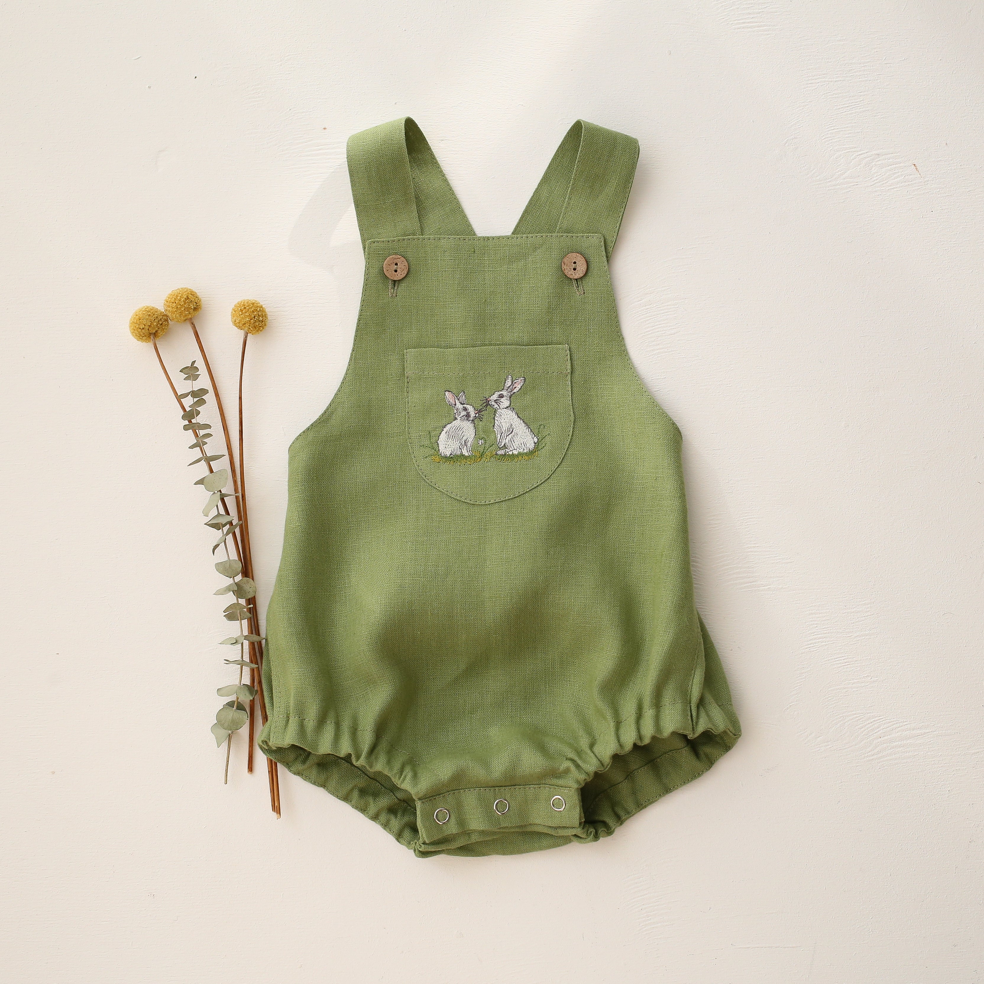 Meadow Green Linen Front Pocket Straps Romper with "White Bunnies" Embroidery