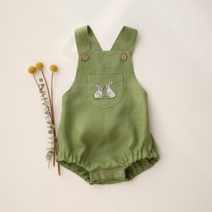 Meadow Green Linen Front Pocket Straps Romper with "White Bunnies" Embroidery