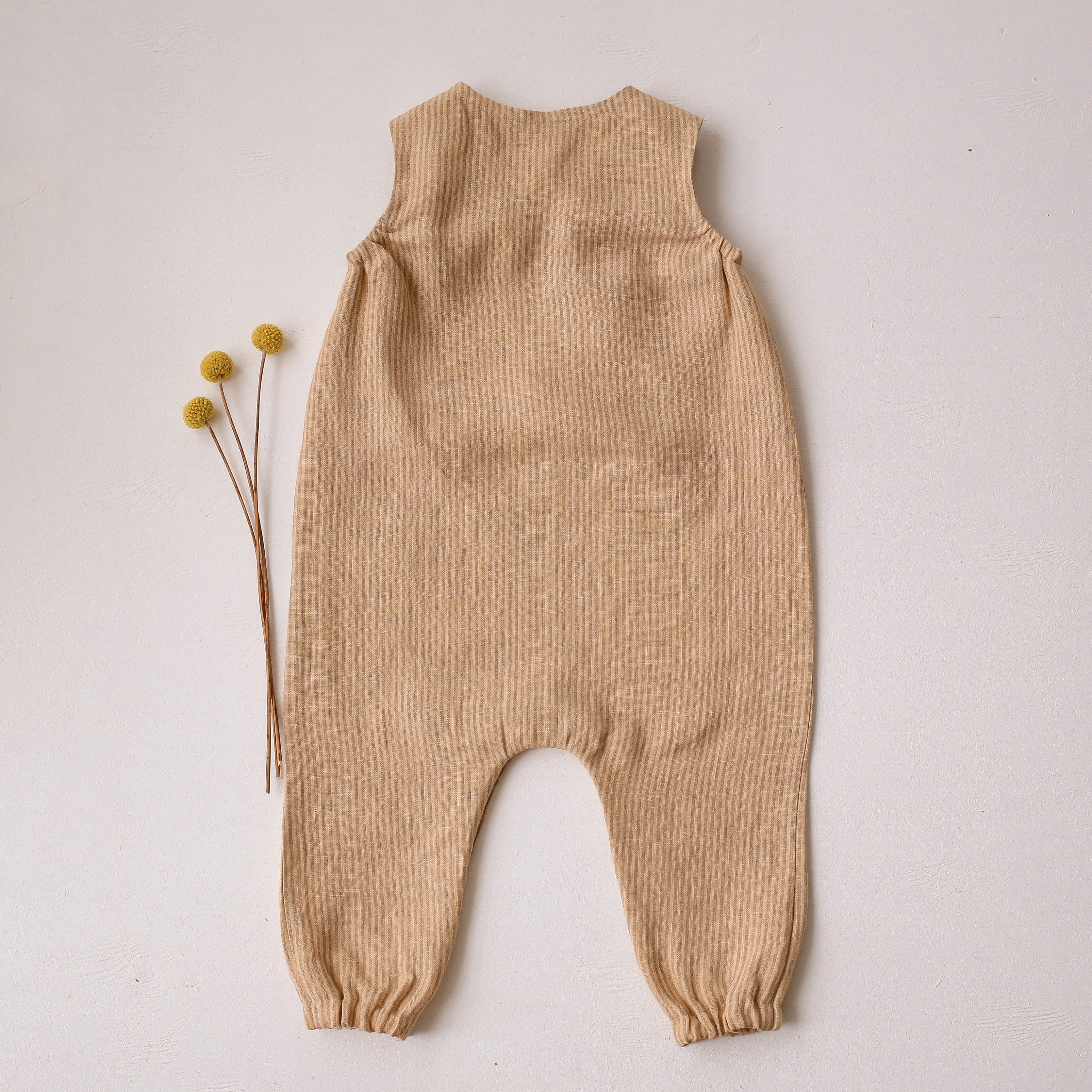 Desert Tan Stripe Linen Shoulder Closure Romper with "Mouse and Mushrooms" Embroidery