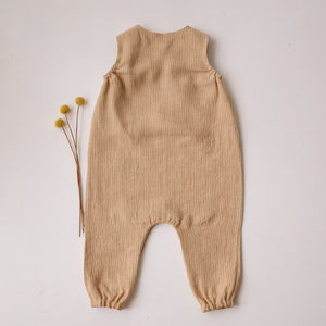 Desert Tan Stripe Linen Shoulder Closure Romper with "Mouse and Mushrooms" Embroidery