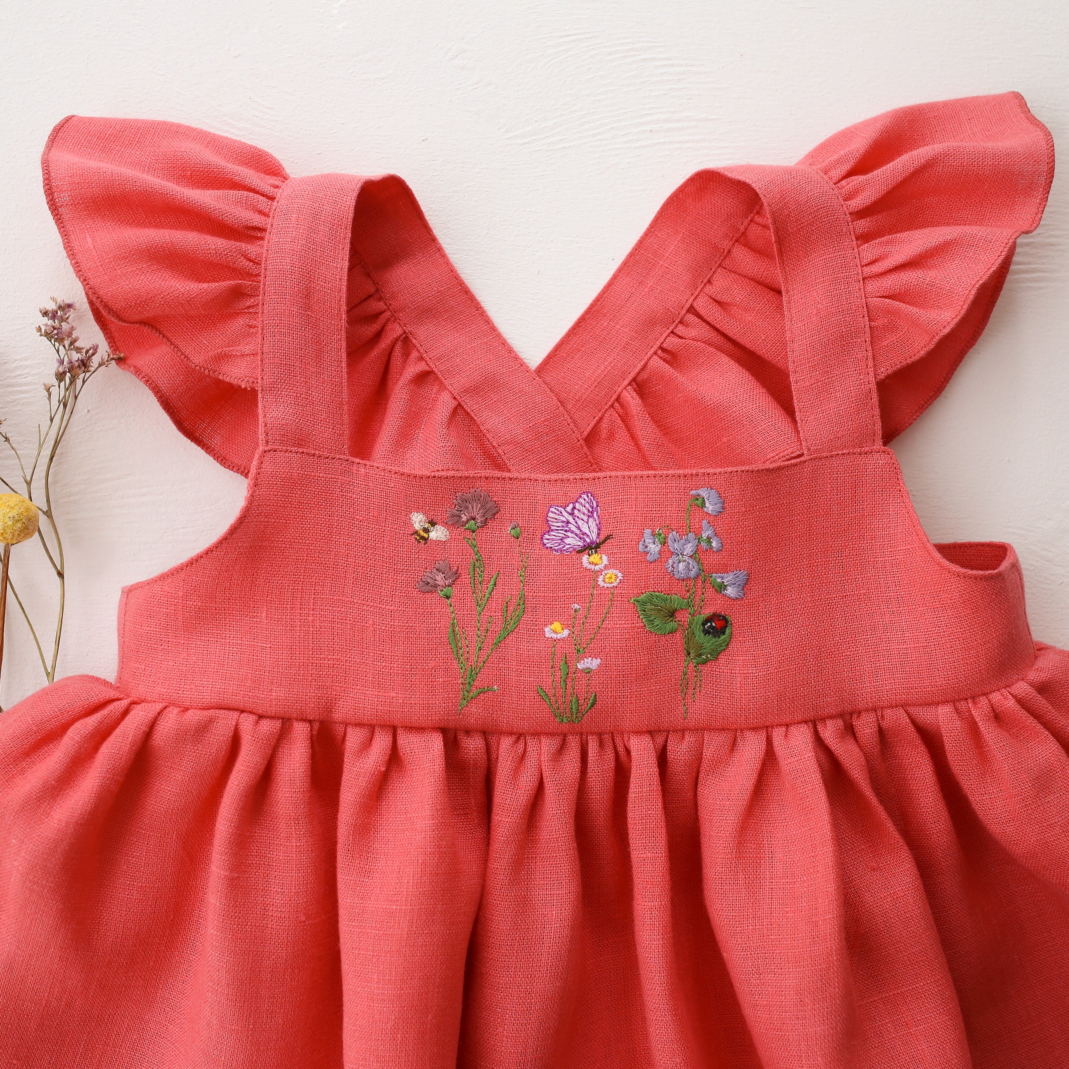 Coral Linen Flutter Straps Top with “Meadow Trio” Embroidery
