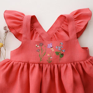 Coral Linen Flutter Straps Top with “Meadow Trio” Embroidery