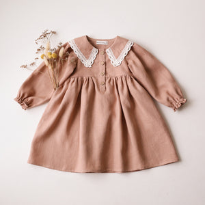 Clay Linen Long Sleeve Pointed Collar Dress with Lace