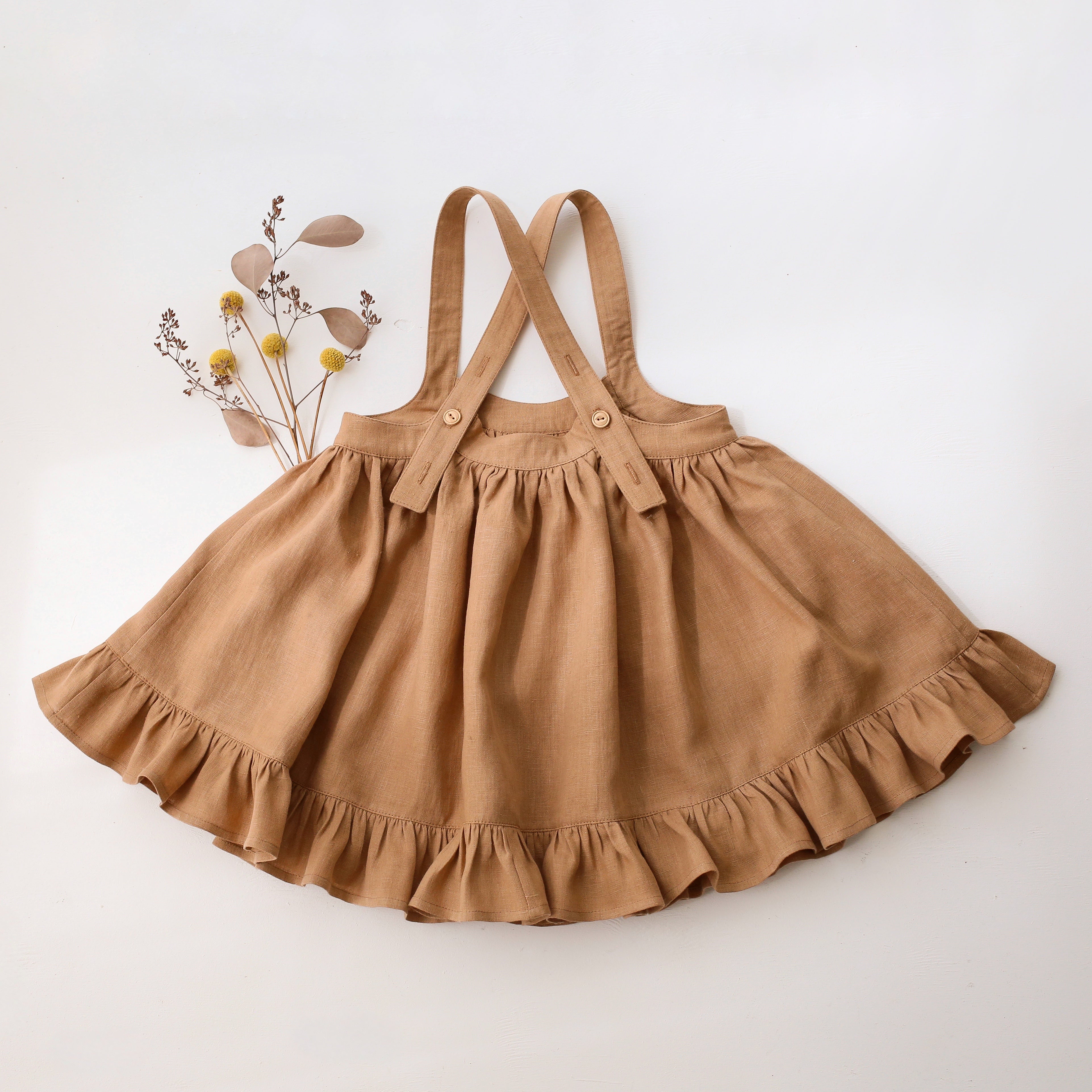 Latte Linen Straps Pinafore with Lace with “Autumn Flowers” Embroidery