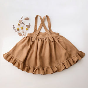 Latte Linen Straps Pinafore with Lace with “Autumn Flowers” Embroidery