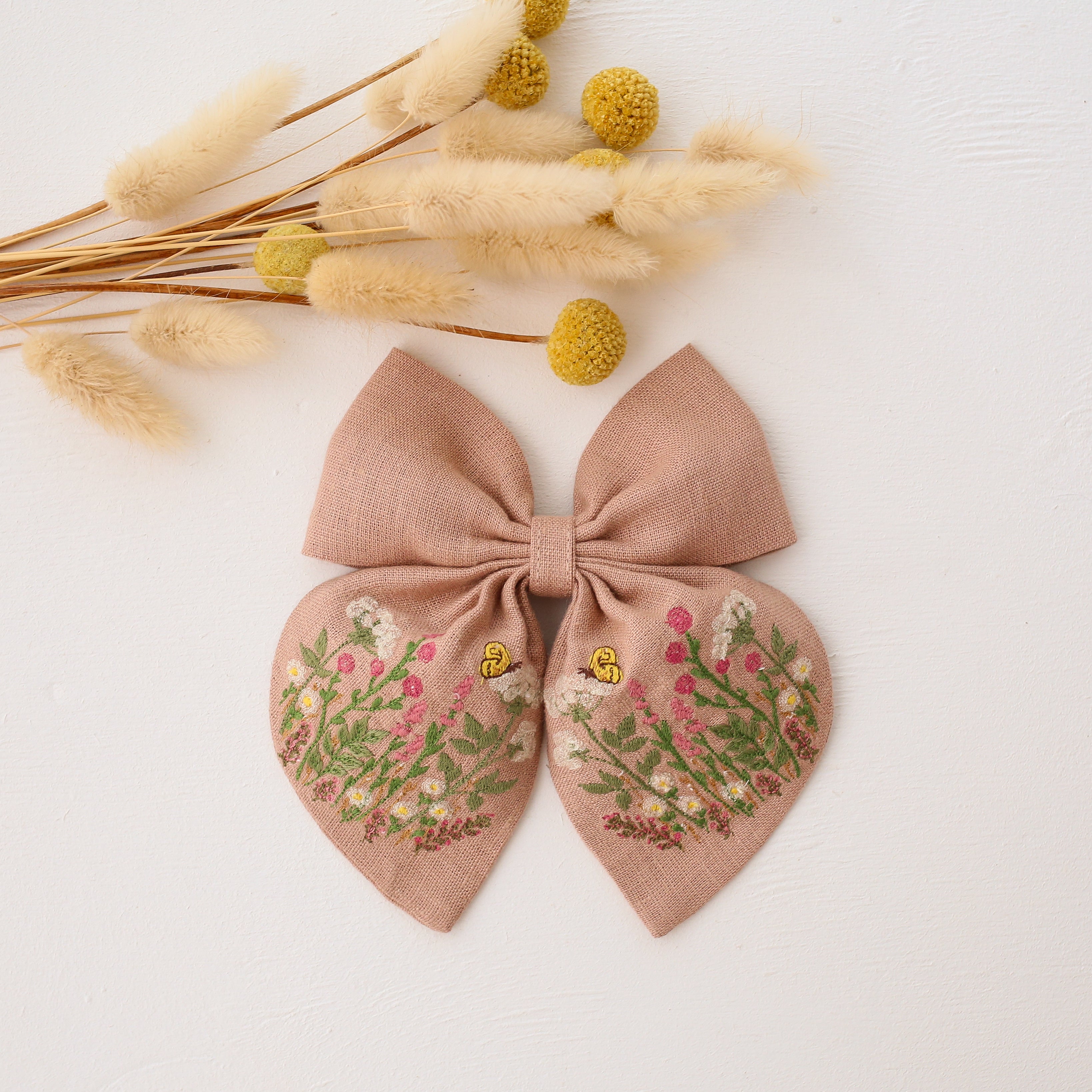 Embroidered Hair Bow with "Wildflowers with Butterfly" Embroidery in Clay Linen