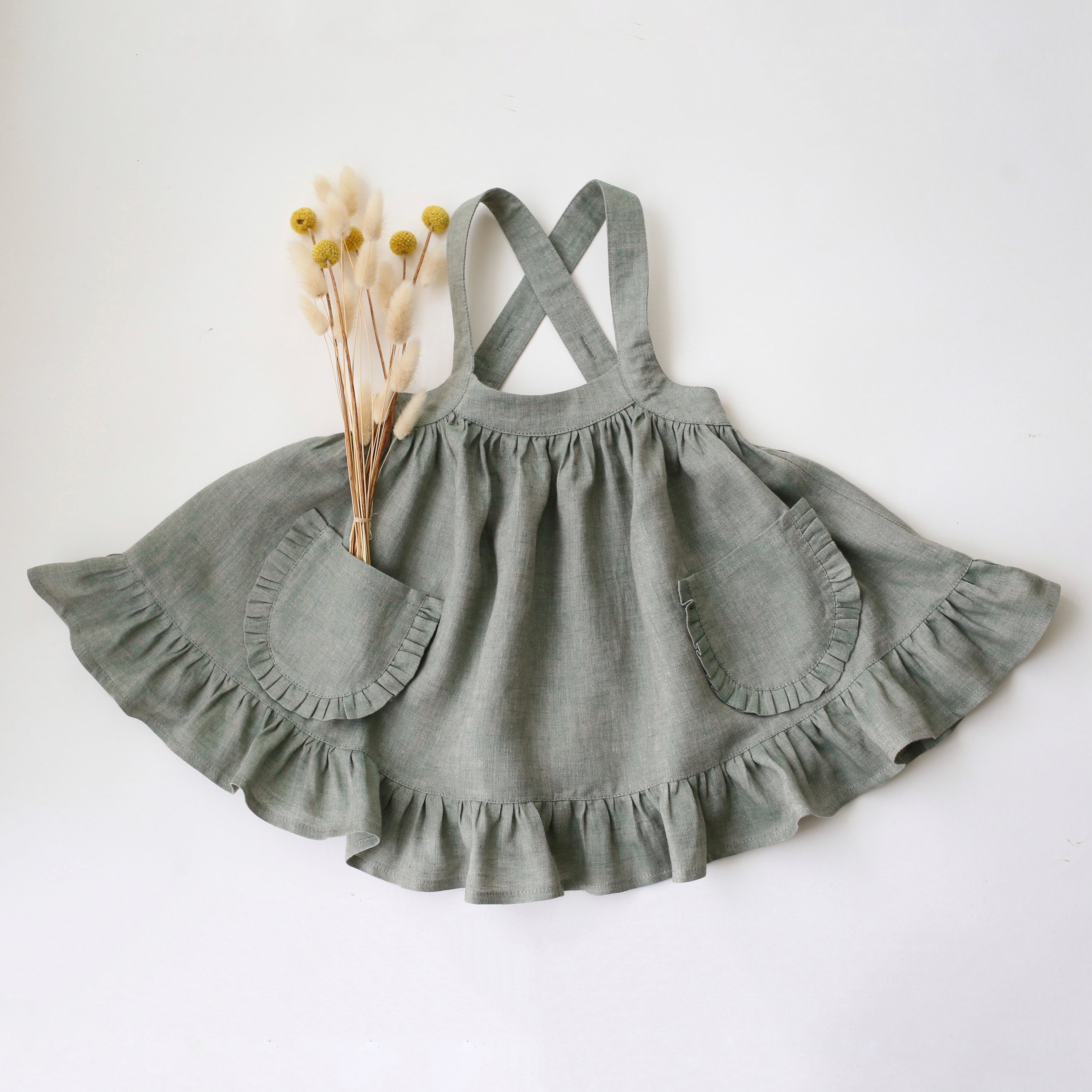 Green Smoke Linen Straps Pinafore with Frills