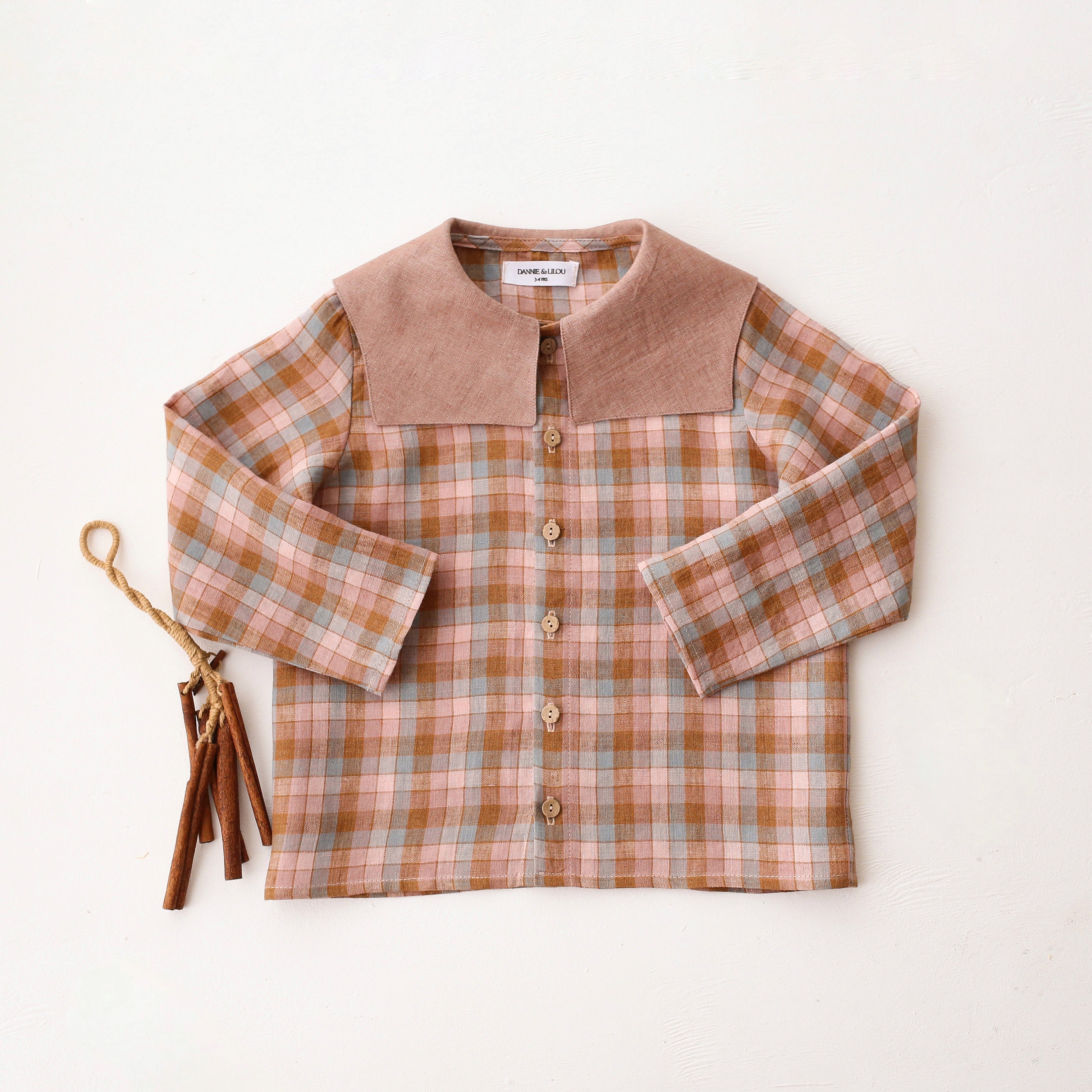 Hazel Rose Check Linen Long Sleeve Button Front Top with Square Collar in Rose Smoke Linen