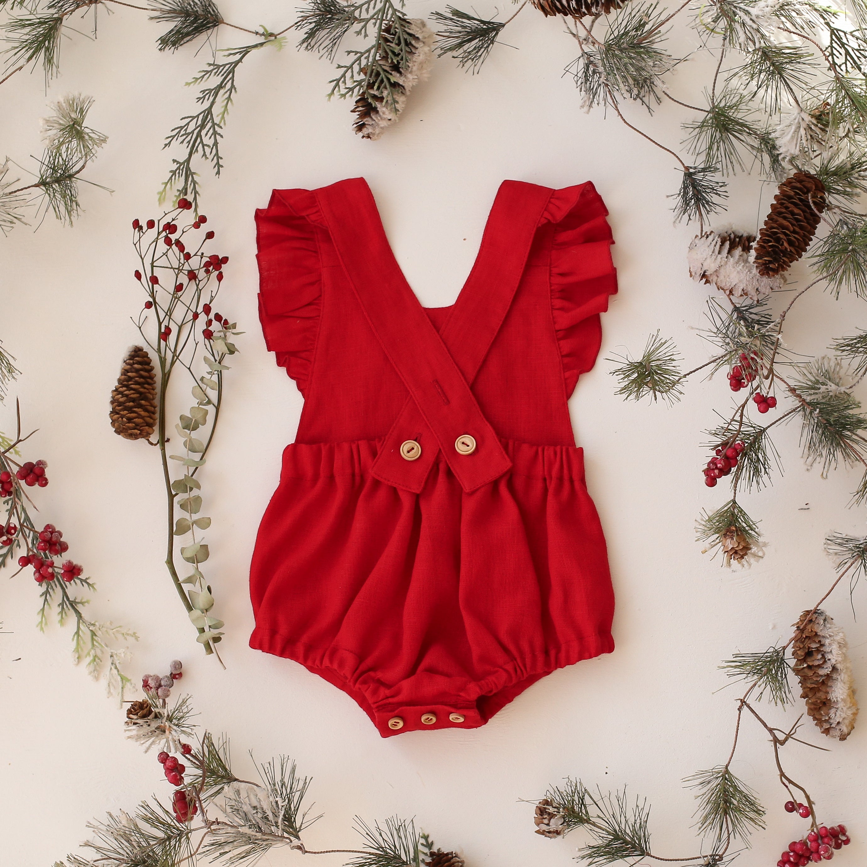 Scarlet Red Linen Ruffle Straps Romper with “Christmas Bunny” Embroidery