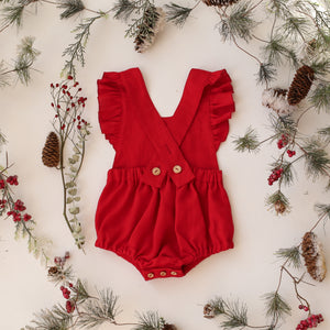 Scarlet Red Linen Ruffle Straps Romper with “Christmas Bunny” Embroidery