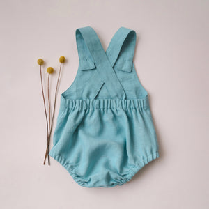 Duck Egg Blue Linen Front Pocket Straps Romper with "Mushrooms" Embroidery