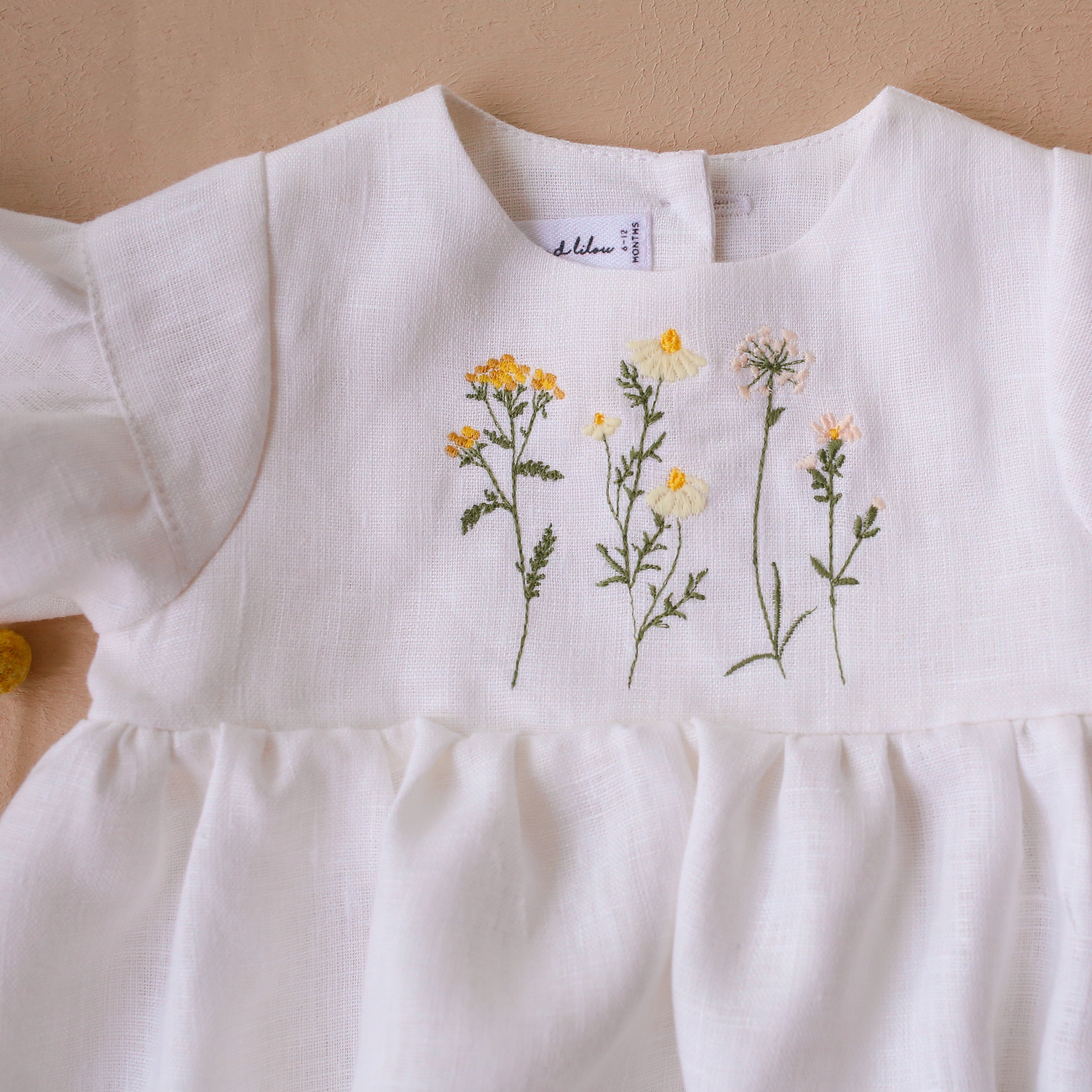 Milk Linen Flounce Sleeve Bubble Playsuit with “Chamomile Flowers” Embroidery