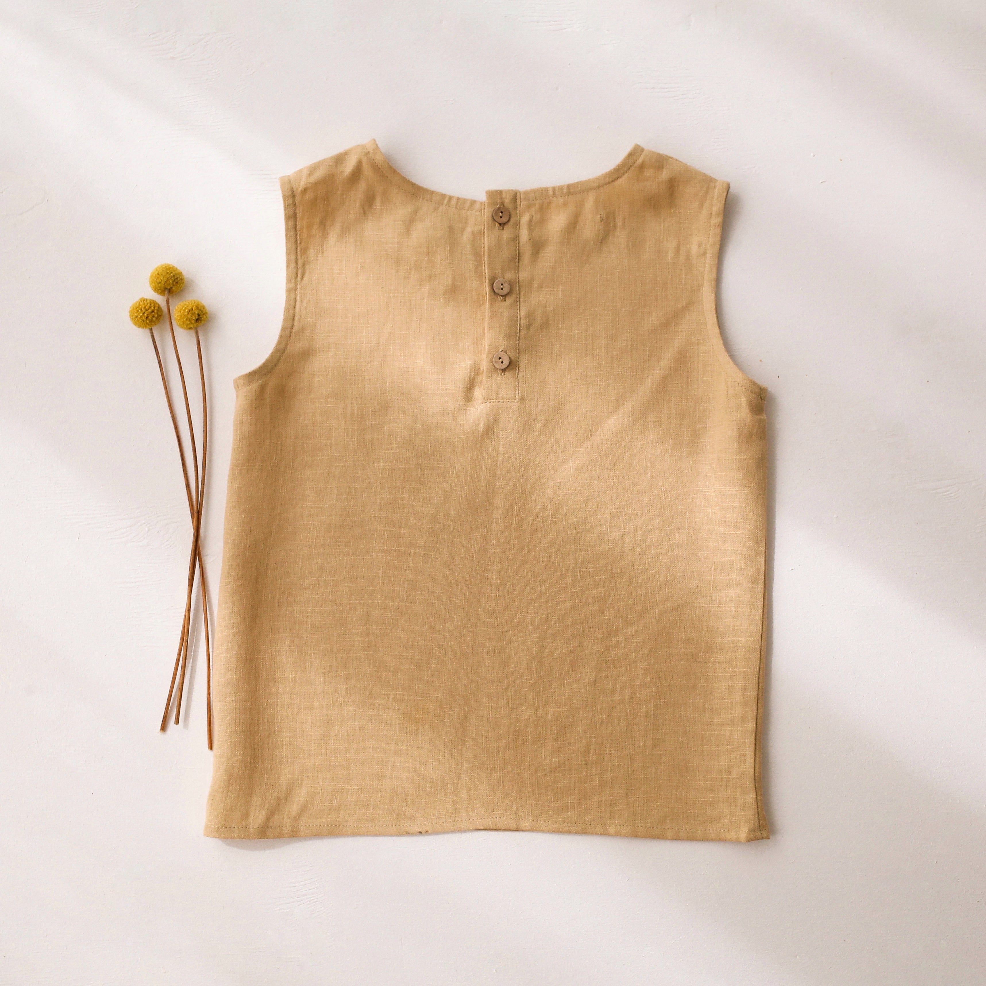 Melon Linen Relaxed Fit Tank Top with "Mushrooms" Embroidery