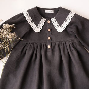 Black Linen Long Sleeve Pointed Collar Dress with Lace