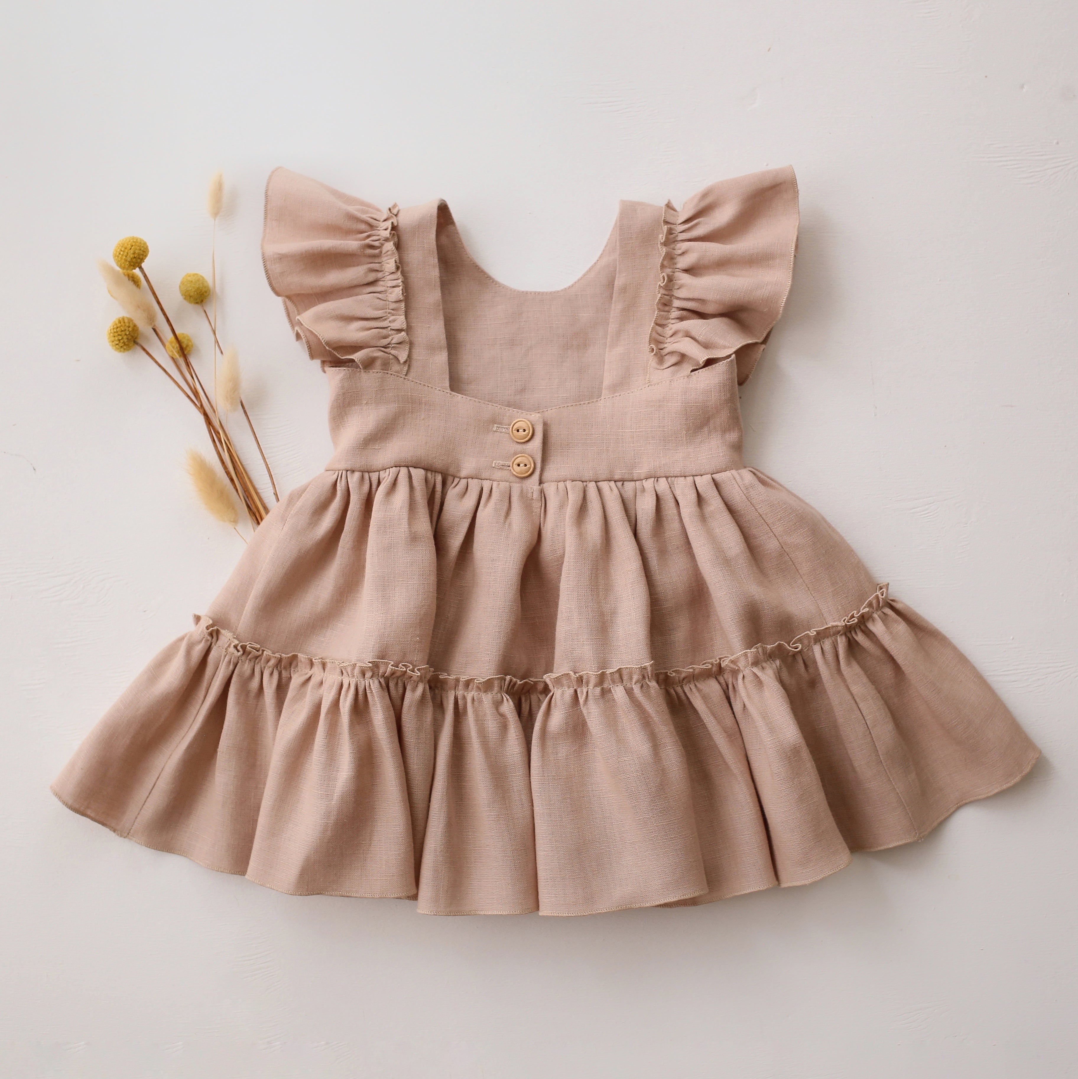 Beige Linen Ruffled Front Tiered Dress with “Poppy Meadow” Embroidery