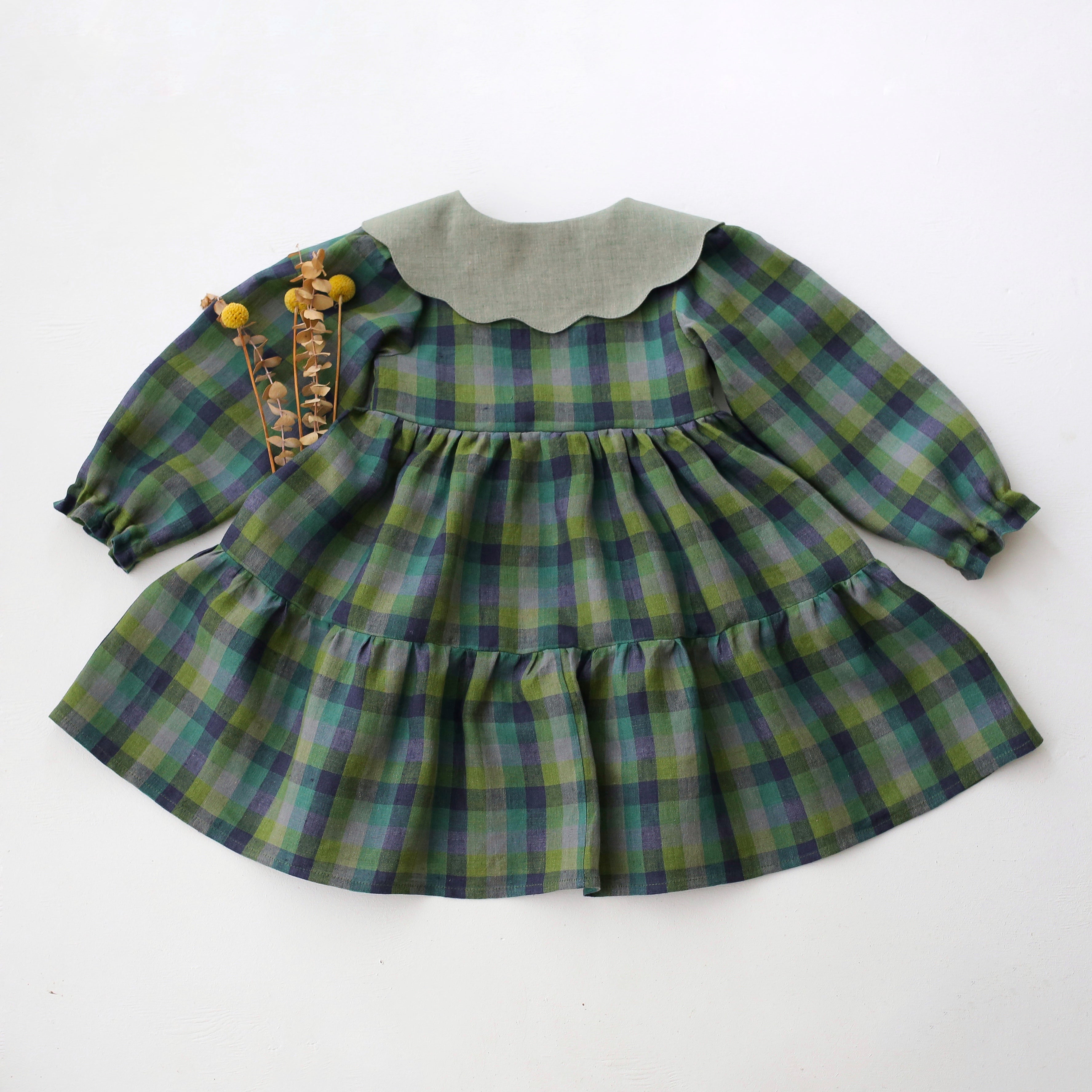 Moss Green Check Linen Long Sleeve Tiered Dress with Petal Collar in Green Smoke Linen with "Blue Mushrooms" Embroidery