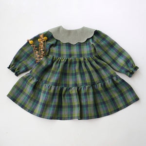 Moss Green Check Linen Long Sleeve Tiered Dress with Petal Collar in Green Smoke Linen with "Blue Mushrooms" Embroidery