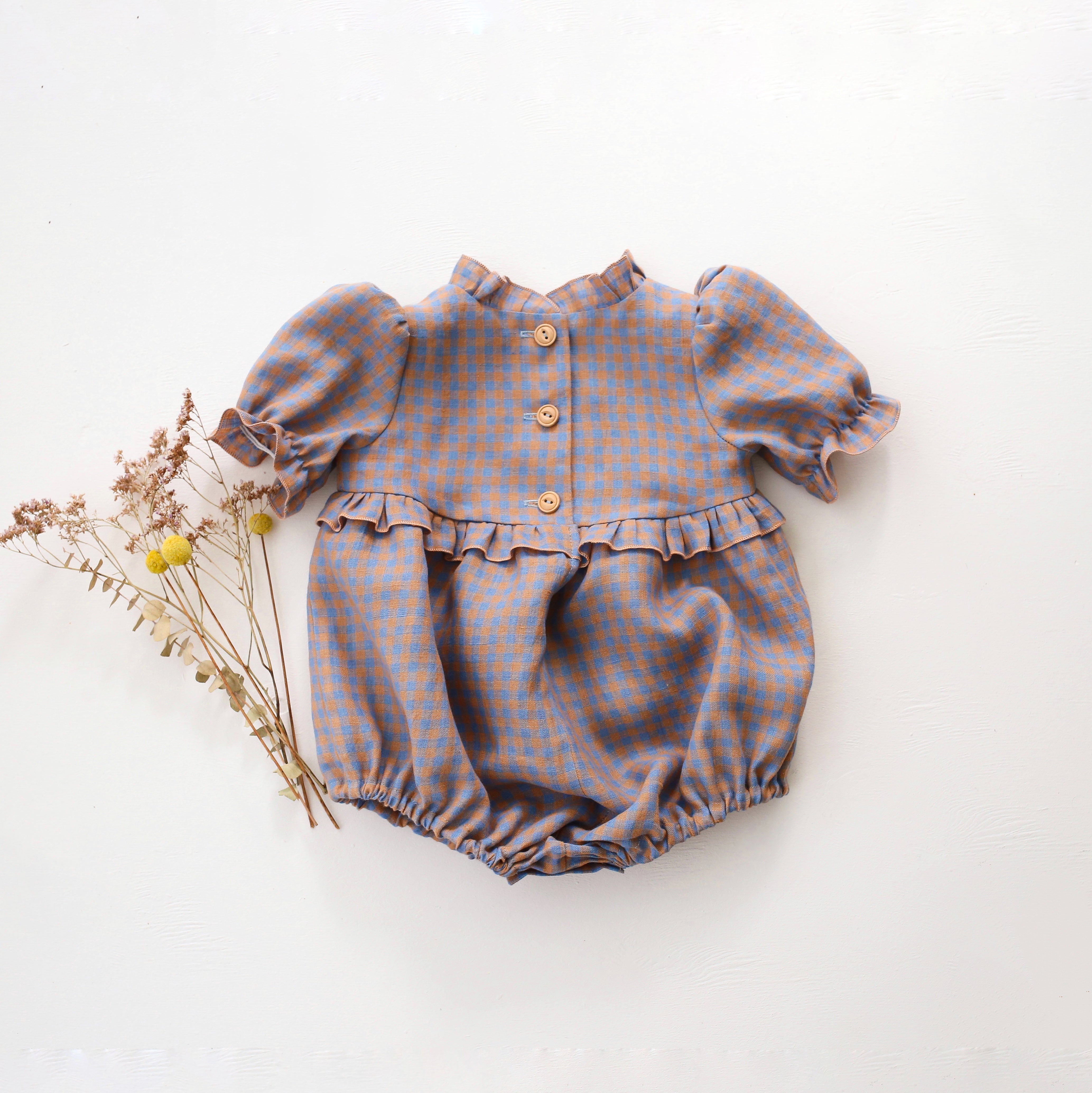 Blue & Peach Gingham Linen Short Sleeve Frills Bubble Playsuit with "Hedgehog on Toadstool" Embroidery