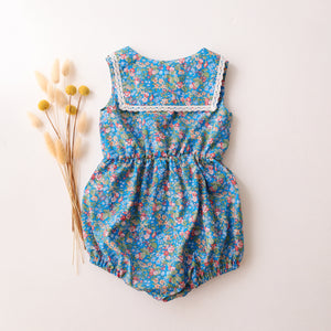 Square Collar Bubble Playsuit with Lace in Hedgerow Ramble Liberty Print