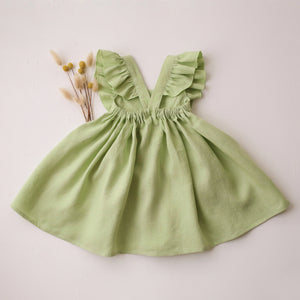 Spring Green Linen Ruffled Bodice Dress