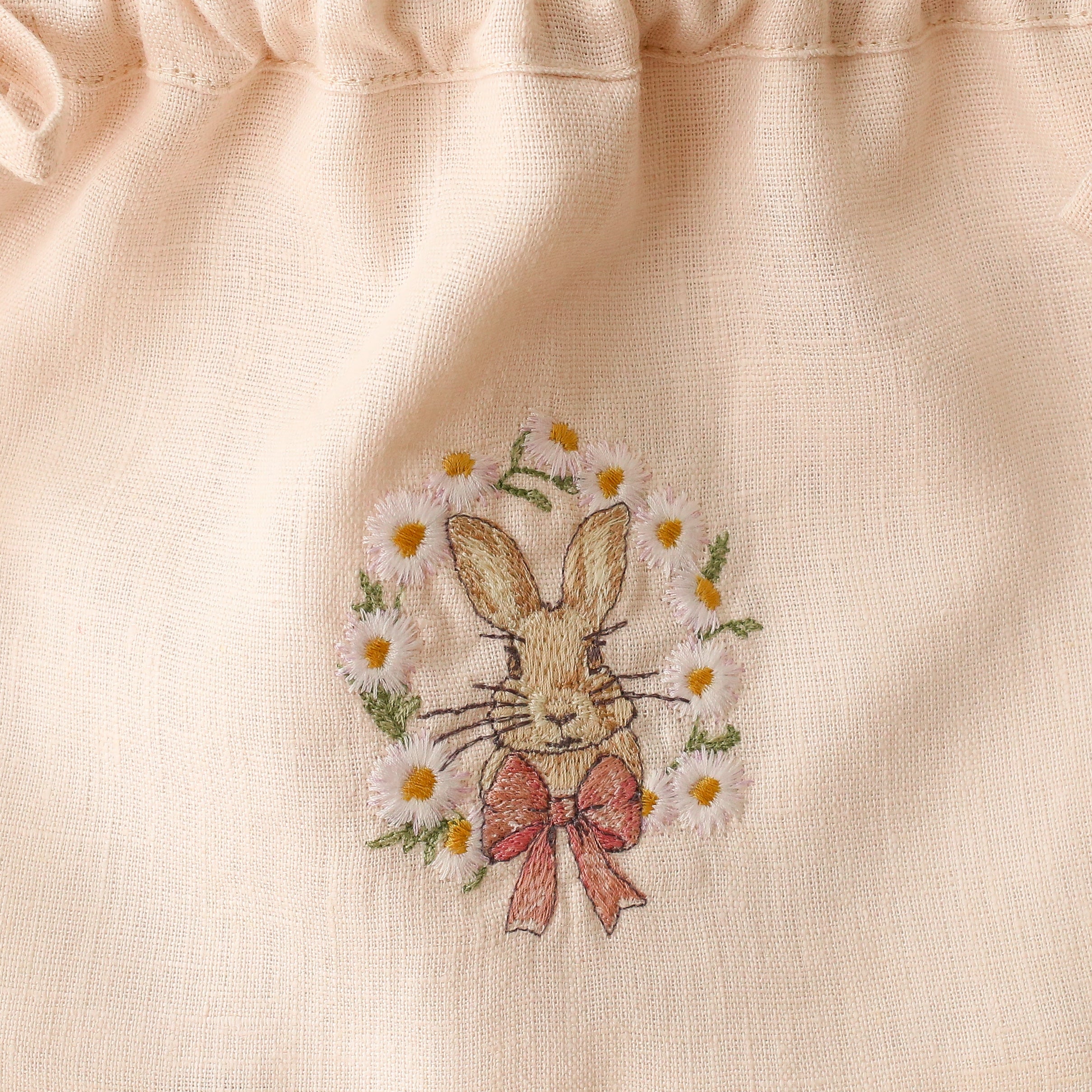 Ivory Linen Tote Bag with "Bunny in Daisy Wreath" Embroidery