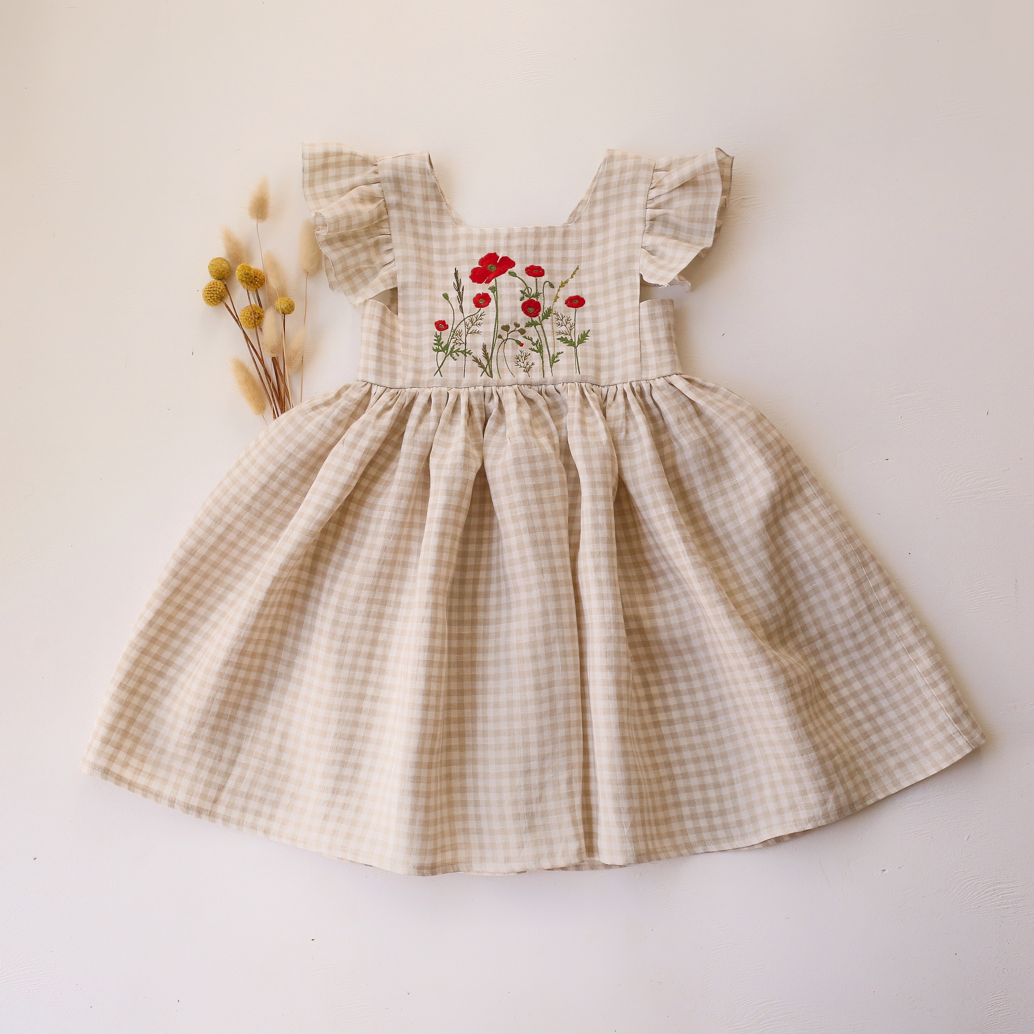 Beige Gingham Linen Flutter Sleeve Square Neckline Dress with "Poppy Meadow" Embroidery