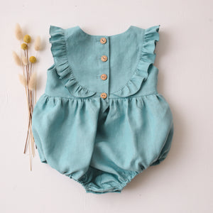 Duck Egg Blue Linen Ruffled Bodice Bubble Playsuit with “Berries” Embroidery