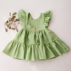 Spring Green Linen Ruffled Front Tiered Dress with “Fairy Wildflowers” Embroidery
