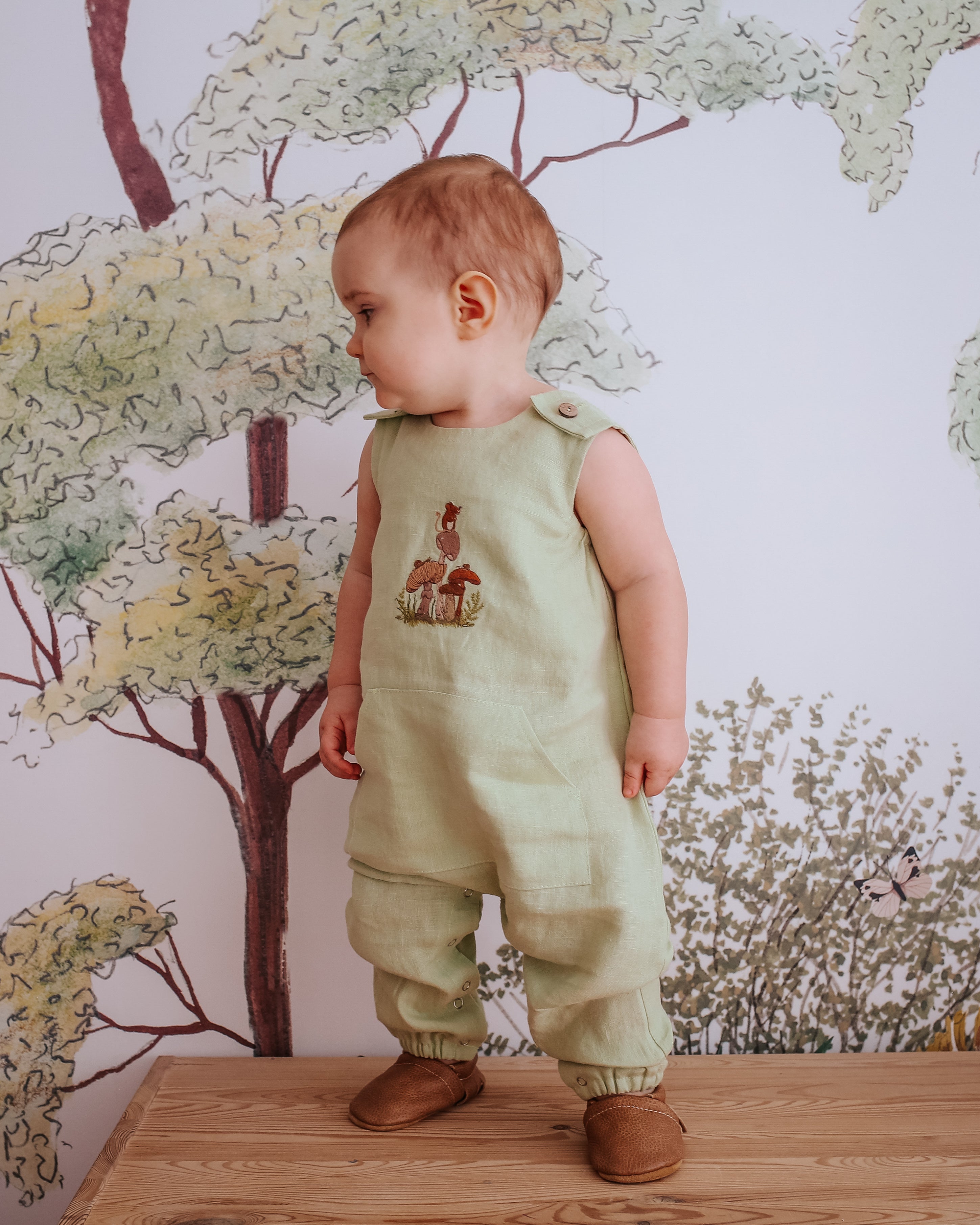 Beige Linen Shoulder Closure Romper with "Mouse and Mushrooms" Embroidery