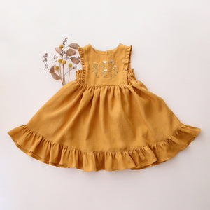 Amber Linen Dress with Ruffled Hem with "Chamomile Flowers" Embroidery