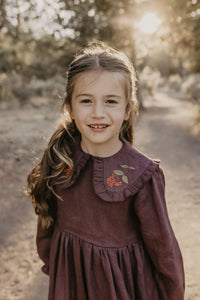 Chocolate Plum Linen Long Sleeve Frilled Collar Dress with "Berry Branch" Embroidery