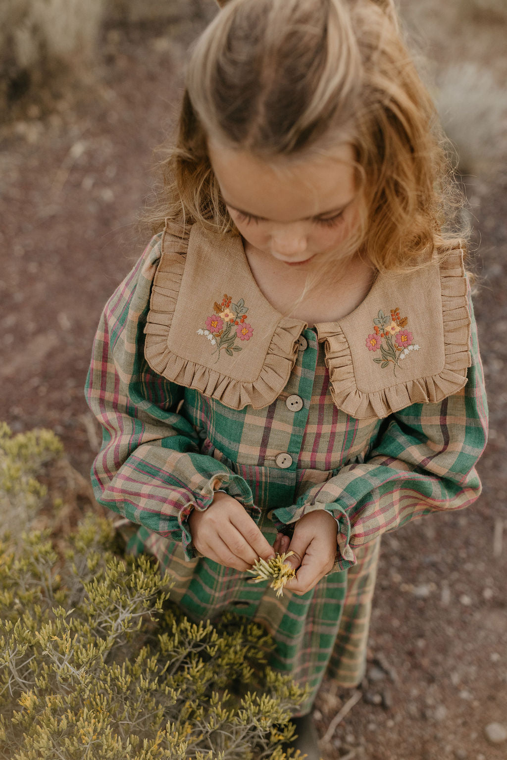 Mulberry Fern Check Linen Long Sleeve Dress with Square Collar in Latte Linen and "Cottage Bouquet" Embroidery