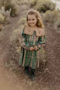 Mulberry Fern Check Linen Long Sleeve Dress with Square Collar in Latte Linen and "Cottage Bouquet" Embroidery