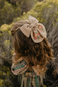 Embroidered Hair Bow with "Cottage Bouquet" Embroidery in Latte Linen