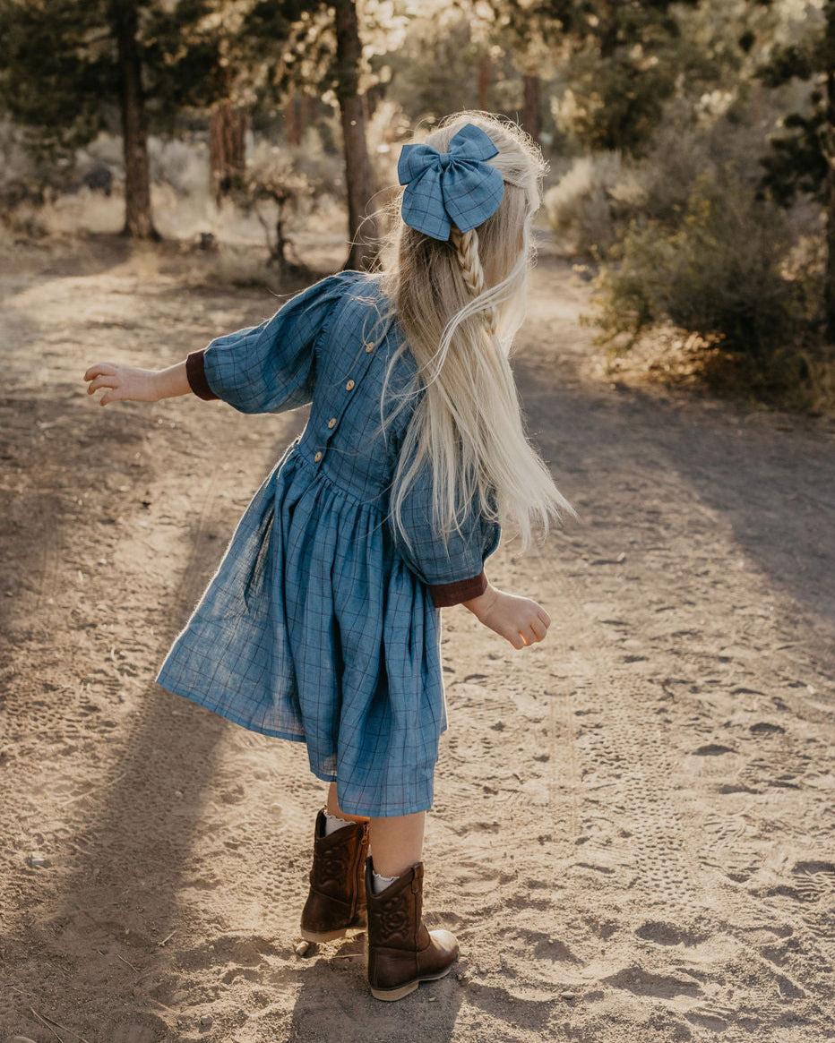Bella Hair Bow in Woodland Sky Check Linen