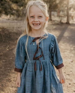 Woodland Sky Check Linen Puff Sleeve Bow Dress with Chocolate Plum Accent Color