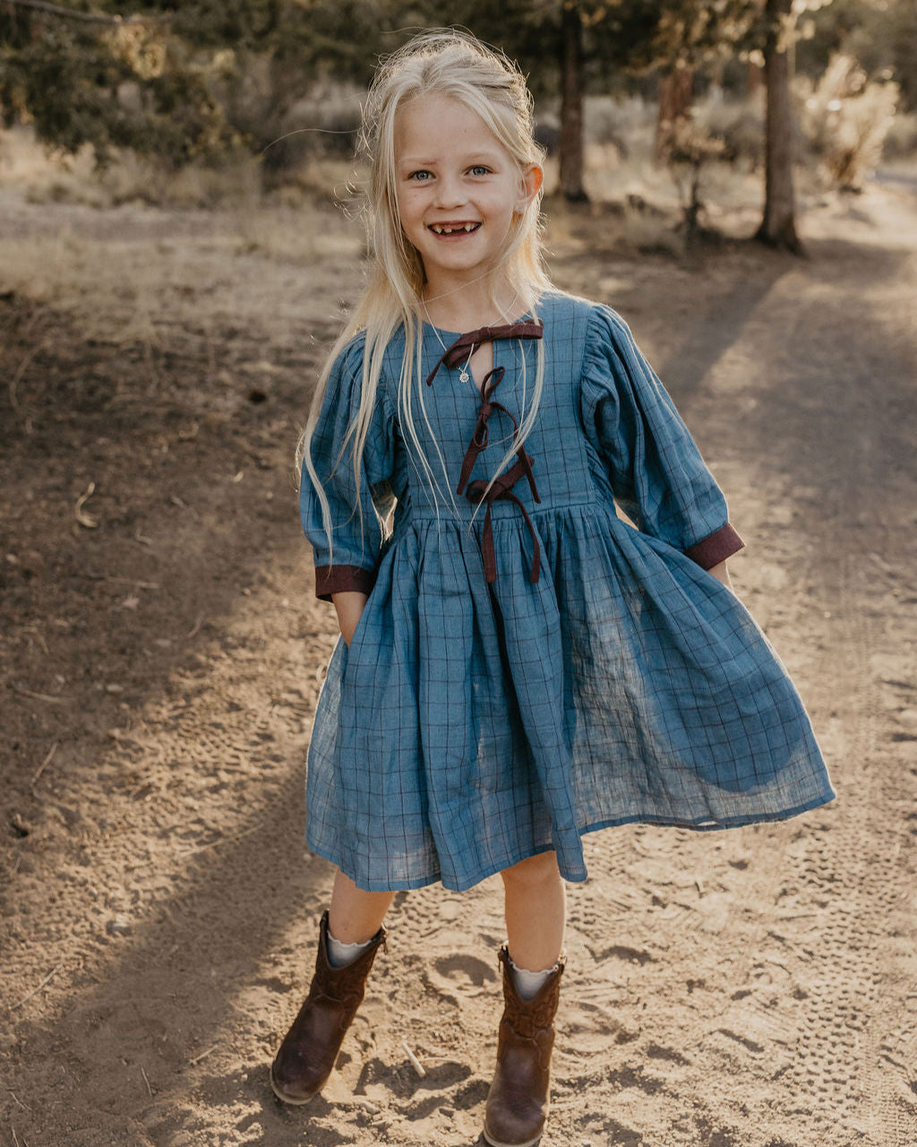 Woodland Sky Check Linen Puff Sleeve Bow Dress with Chocolate Plum Accent Color