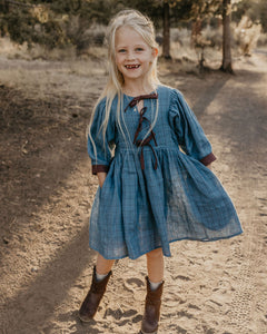 Woodland Sky Check Linen Puff Sleeve Bow Dress with Chocolate Plum Accent Color