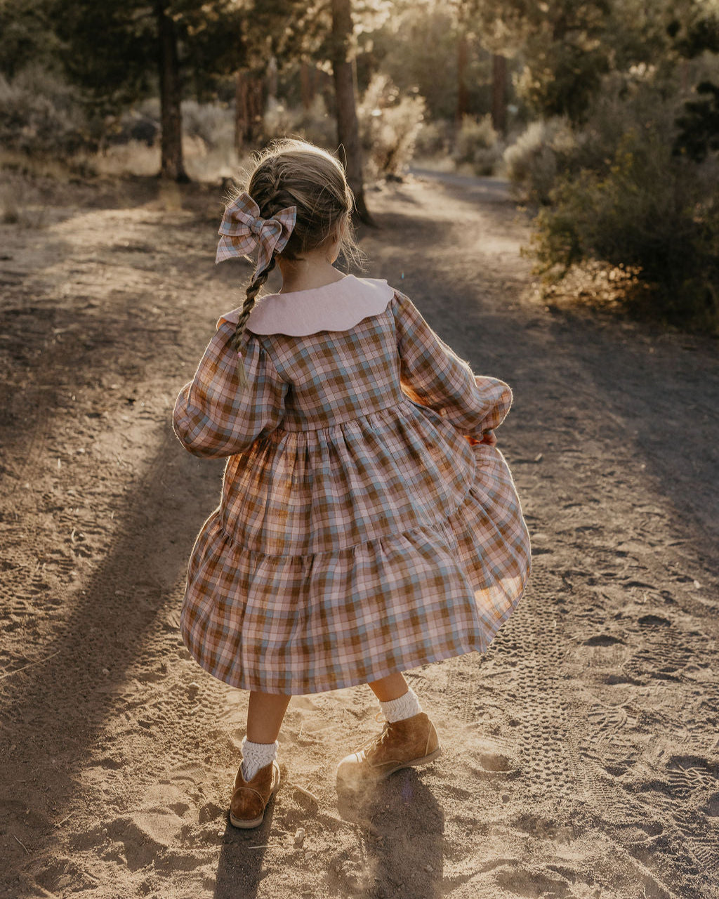 Hazel Rose Check Linen Long Sleeve Tiered Dress with Petal Collar in Powder Linen with "Bird on Berry Branch" Embroidery