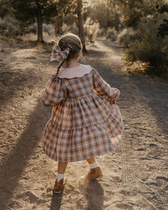 Hazel Rose Check Linen Long Sleeve Tiered Dress with Petal Collar in Powder Linen with "Bird on Berry Branch" Embroidery