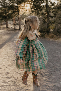 Mulberry Fern Check Linen Long Sleeve Dress with Square Collar in Latte Linen and "Cottage Bouquet" Embroidery