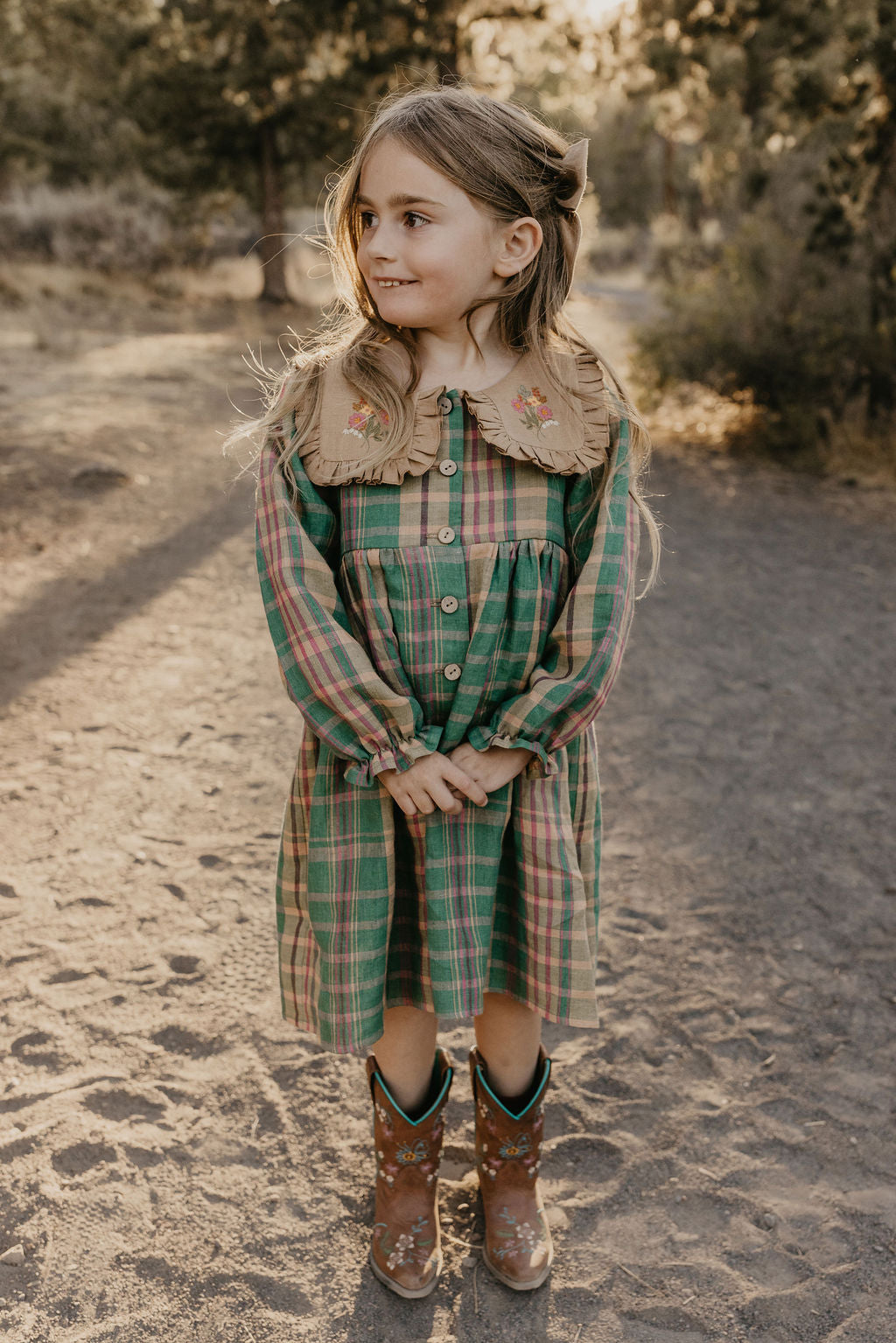 Mulberry Fern Check Linen Long Sleeve Dress with Square Collar in Latte Linen and "Cottage Bouquet" Embroidery