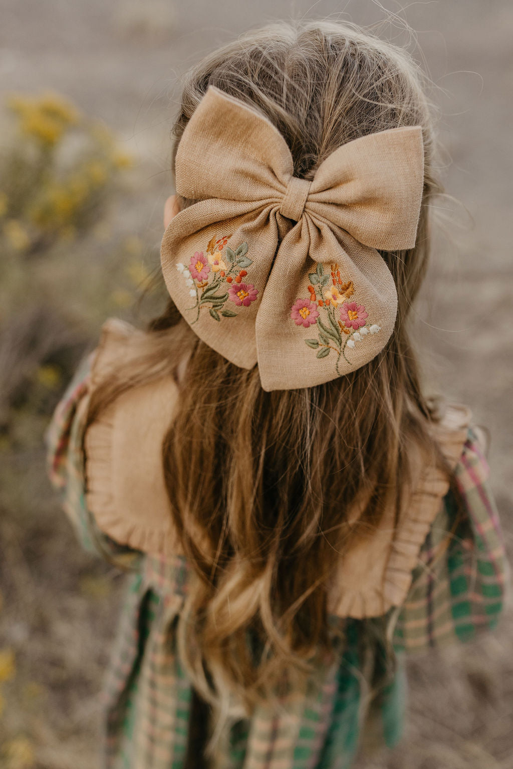 Embroidered Hair Bow with "Cottage Bouquet" Embroidery in Latte Linen