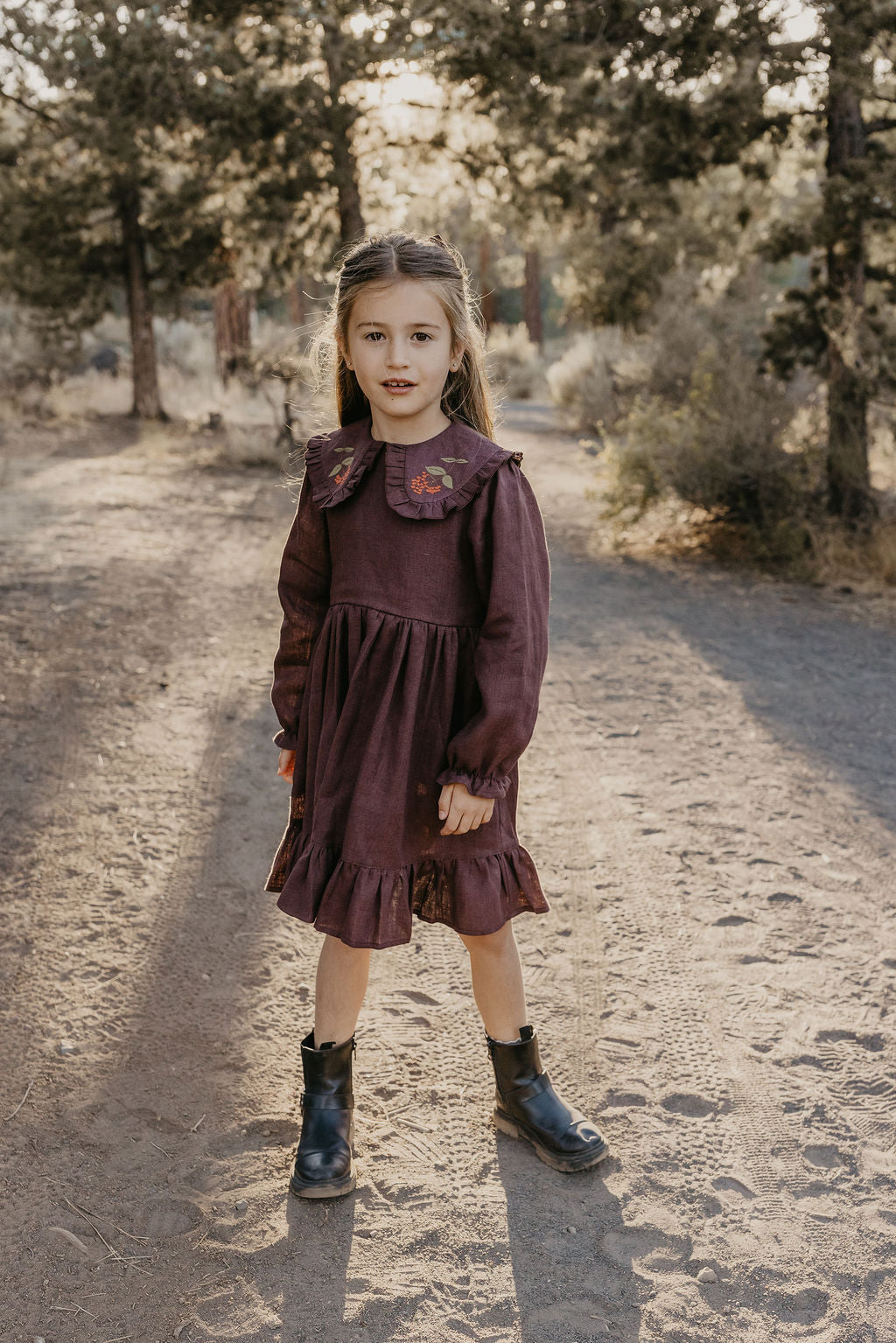 Chocolate Plum Linen Long Sleeve Frilled Collar Dress with "Berry Branch" Embroidery