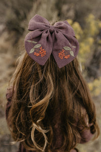 Embroidered Hair Bow with "Berry Branch" Embroidery in Chocolate Plum Linen