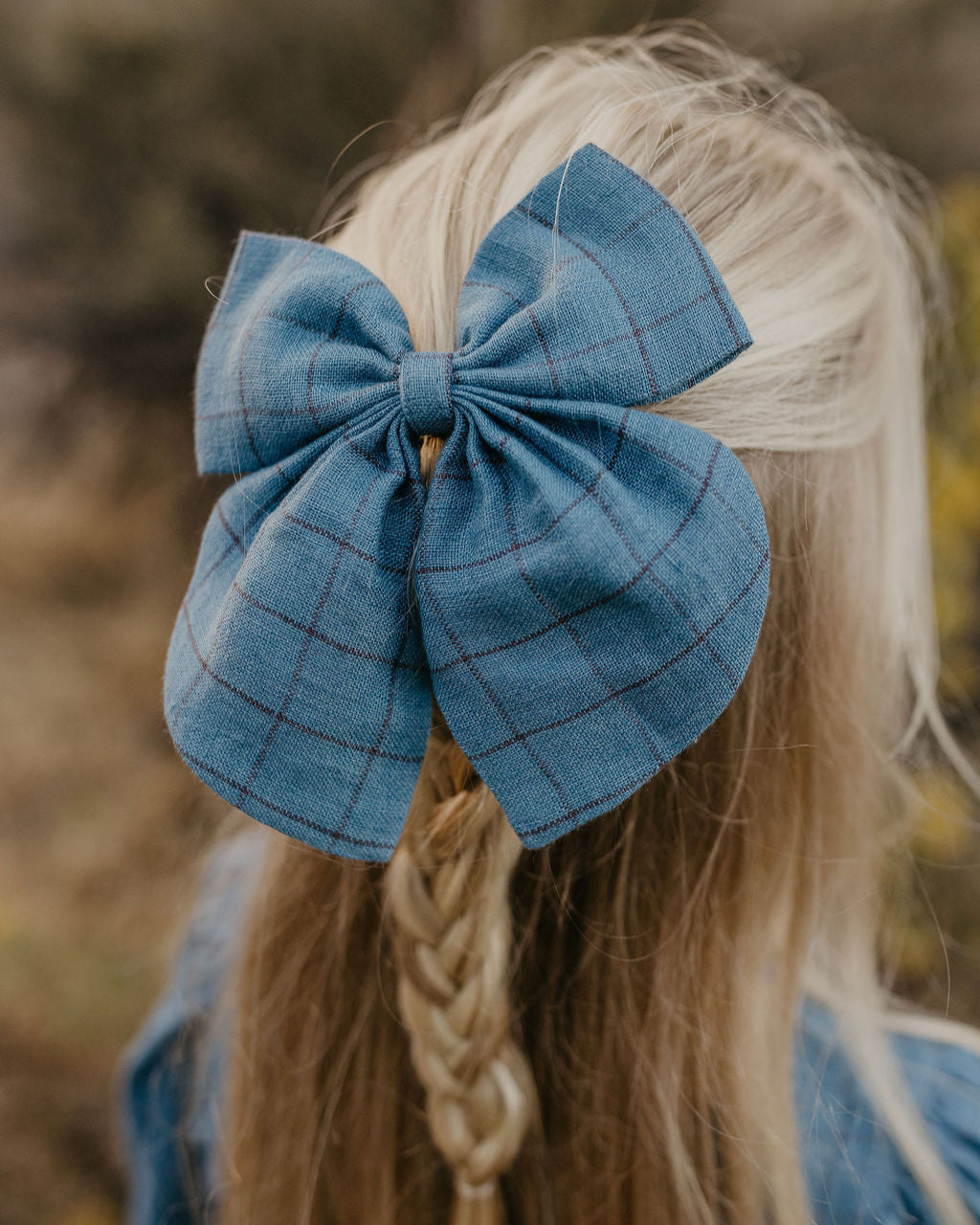 Bella Hair Bow in Woodland Sky Check Linen