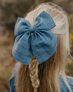 Bella Hair Bow in Woodland Sky Check Linen