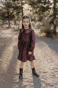 Chocolate Plum Linen Long Sleeve Frilled Collar Dress with "Berry Branch" Embroidery